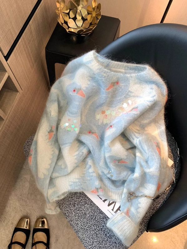 蓝色钉珠亮片马海毛毛衣女2025秋季新款慵懒风软糯别致减龄针织衫|undefined