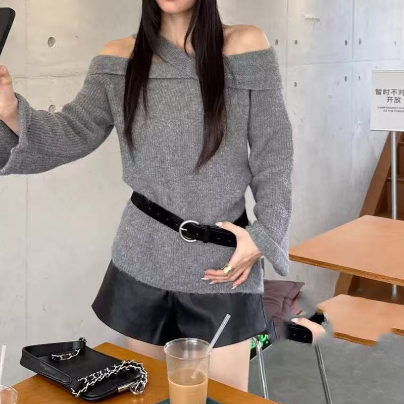 韩系慵懒风一字肩长袖套头毛衣女秋冬季新款宽松显瘦软糯针织上衣|undefined