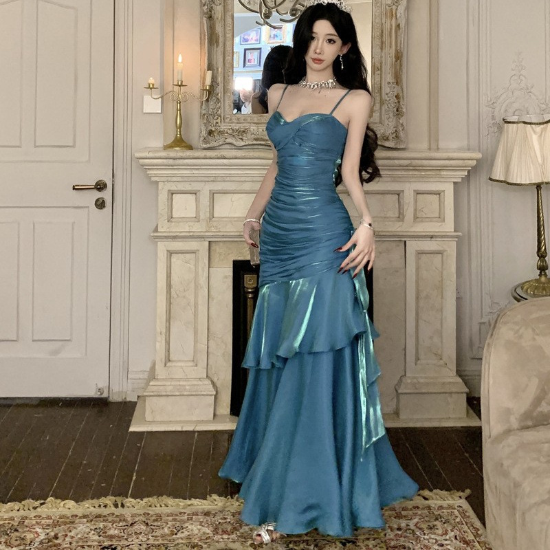 Real Shot of Mermaid Blue Dress, Long Skirt, Chest Pad, Suspender Skirt, Adult Ceremony, Birthday Party, Bestie Party Dress