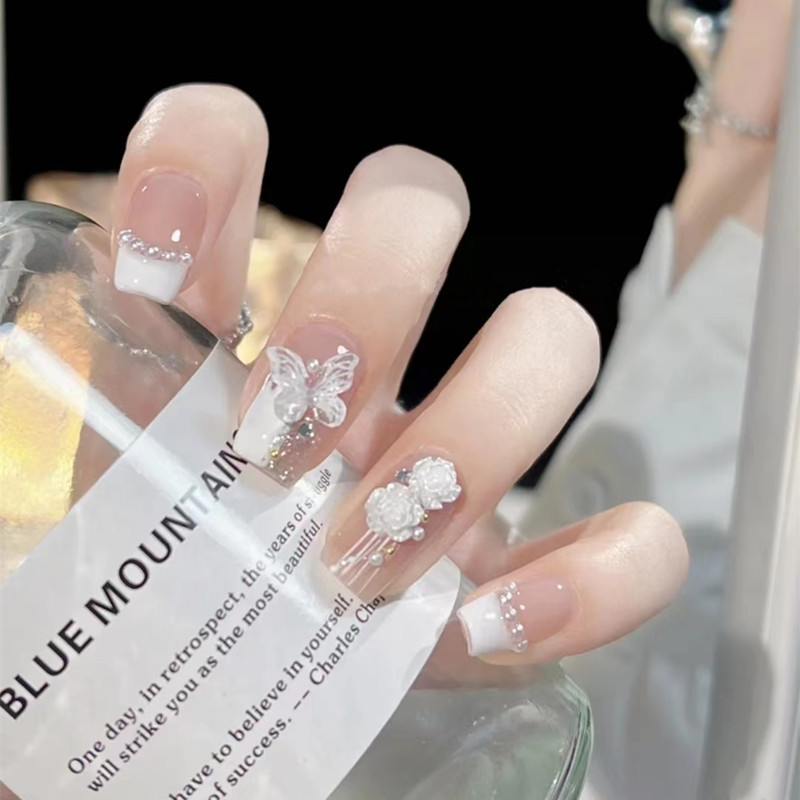 B522 Ice Tea White Butterfly Long Trapezoid Advanced Handmade Phototherapy Wearable Nails Camellia Butterfly Small Pearl Decorative Manicure