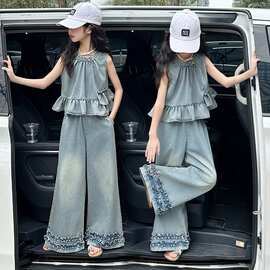 女童夏季套装2025新款儿童洋气时髦宝宝韩版无袖背心牛仔裤两件套