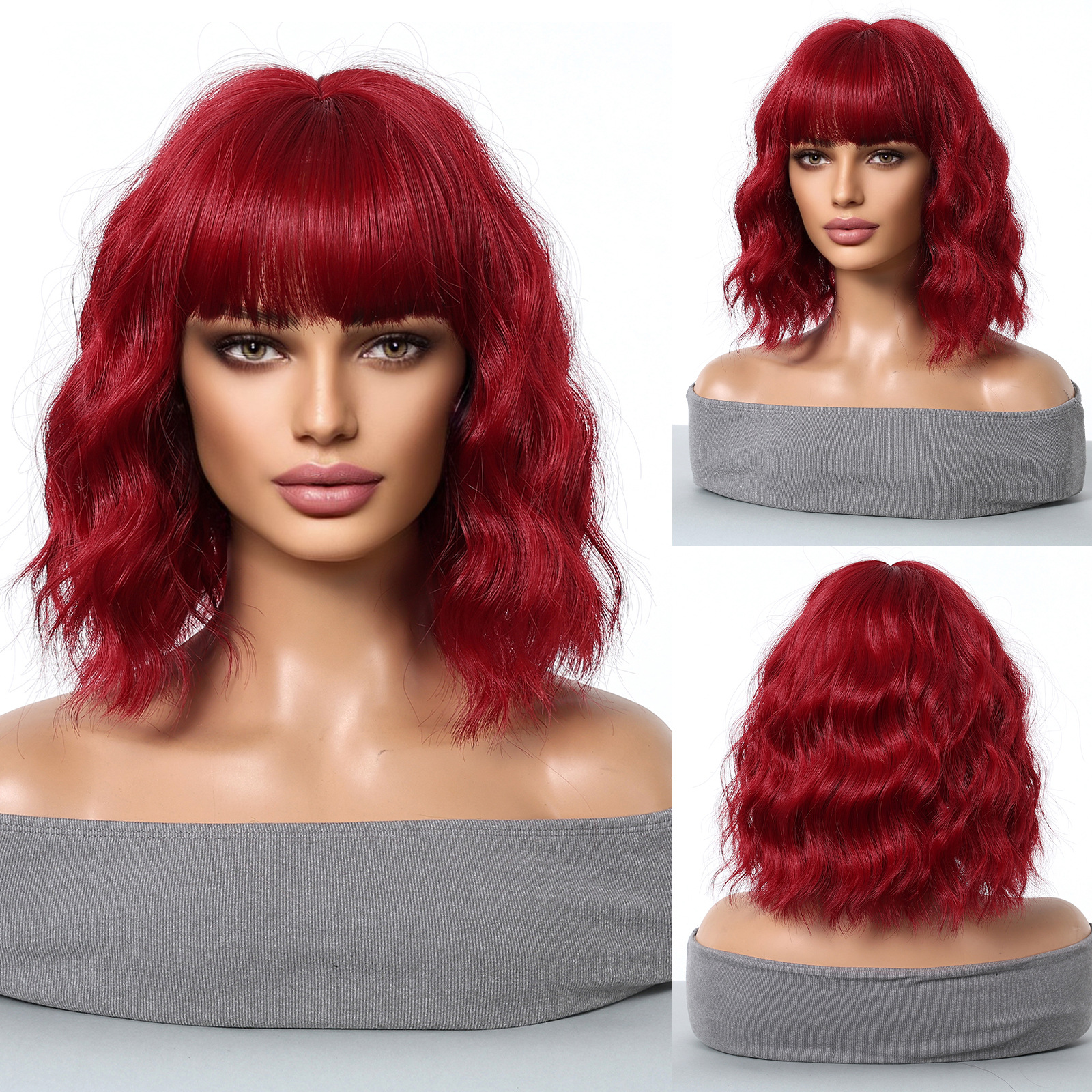 Peluca femenina pelo corto y rizado neto neto natural Qi flequillo realista Bobo cabeza dorada cubierta completa wigs spot