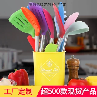 彩色硅胶厨具套装组合 15件套不锈钢手柄带收纳桶食品硅胶厨具