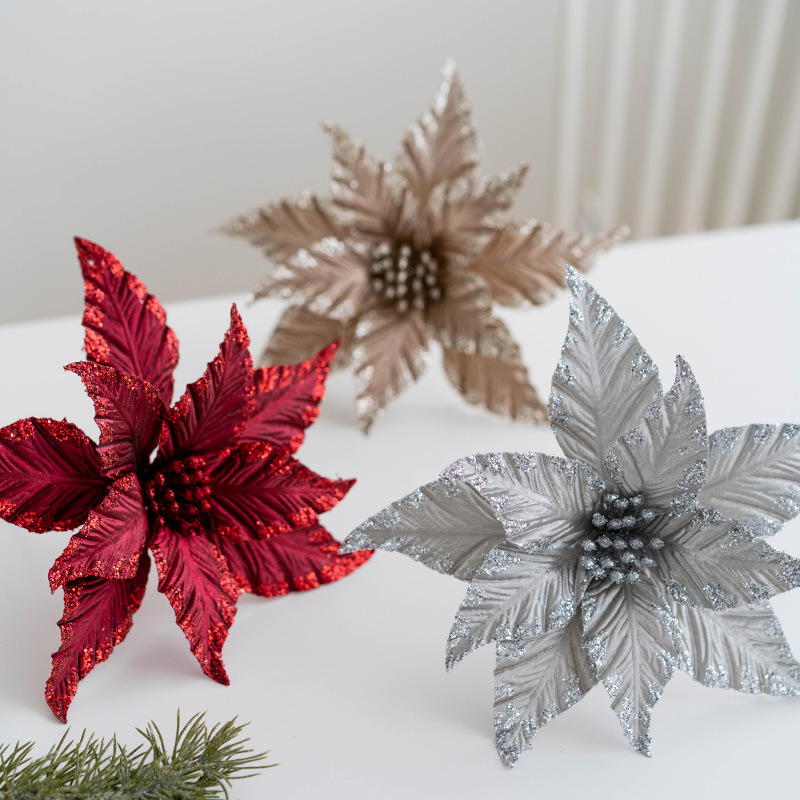 Adornos navideños de tela, flores doradas y plateadas para decoración de árbol