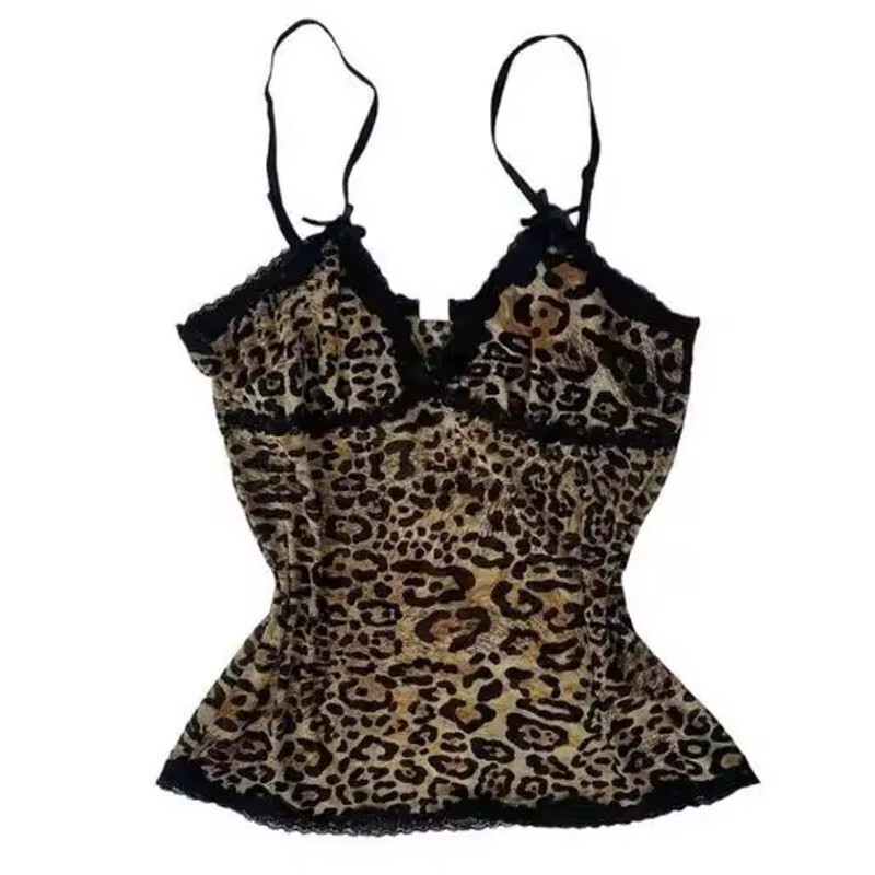 Cross-Border Trade New Lace Leopard Print Slim-Fit Camisole Harajuku Aesthetic Design Trendy Short Top for Hot Girls