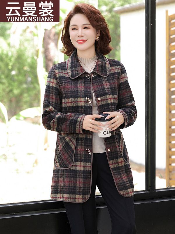 妈妈秋装毛呢外套中长款2025新款洋气中老年女装翻领格子呢子上衣|undefined