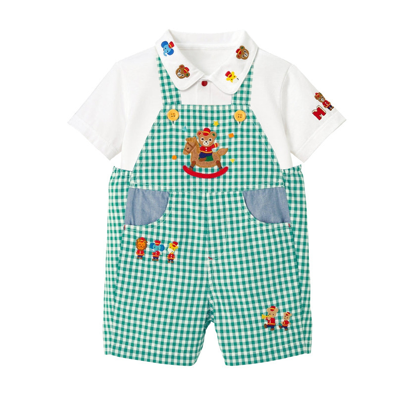 现货miki童装新款男女儿童卡通木马小熊刺绣背带裤短裤牛仔裤