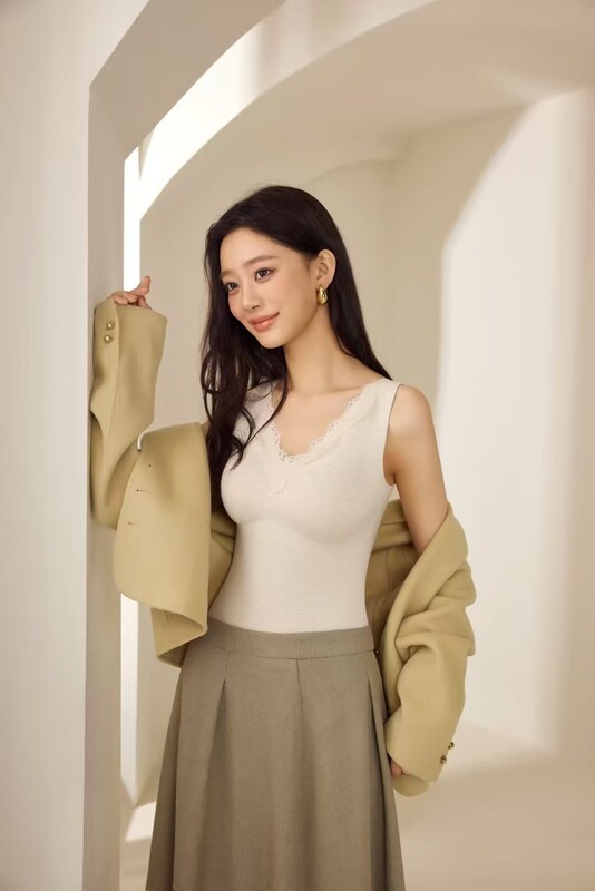 天然桑蚕丝羊绒V领蕾丝磨毛自热无痕秋冬保暖背心女修身内搭打底|undefined
