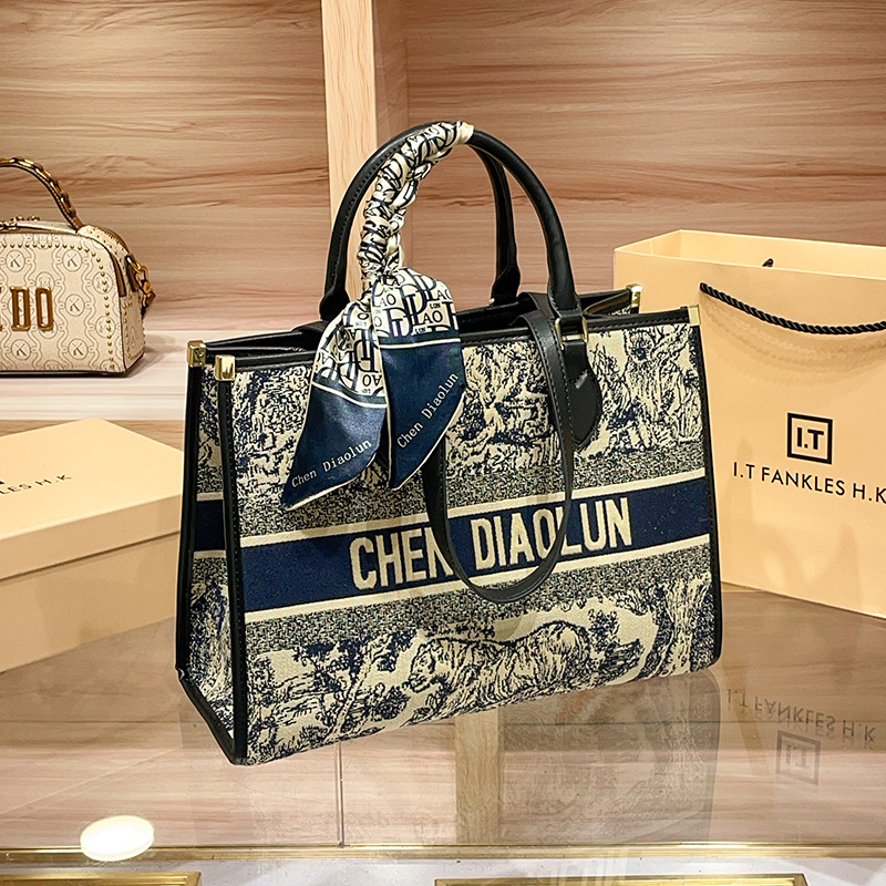 Túi tote nữ thêu họa tiết thời trang, sức chứa lớn, phong cách công sở — Màu xanh lam, Màu xám
