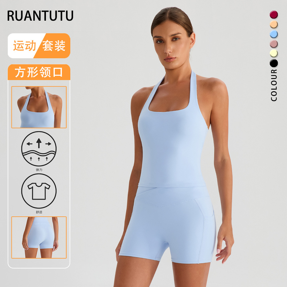 Transfronterizo rápido secado cuello colgante bra deportivo bolsillo exterior pantalones cortos de yoga de dos piezas conjunto antichoque reunido chaleco de fitness