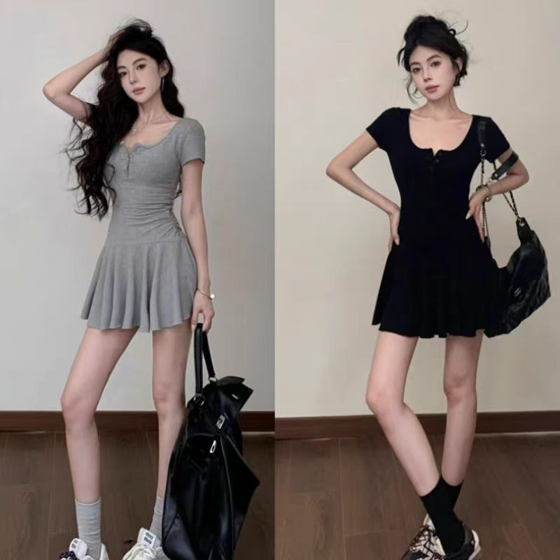 Gray U-Neck Short-Sleeve Dress for Women, Summer Petite Ruched Waist A-Line Dress, Hot Girl Short Dress, Cinched Waist Dress