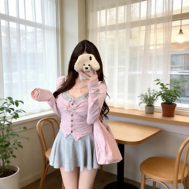 Korean Women's Atmosphere Layered Pure Lust Style Lace Suspender Knitted Cardigan Suit Women's Spring New Korean Two-Piece Set