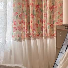 清新多巴胺儿童窗帘女孩房卧室飘窗郁金香印花拼接半布半纱帘批发