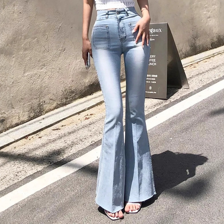 Korean Chic Autumn Niche Versatile Double-Pocket Faded Design Slim Fit Flared Jeans for Women