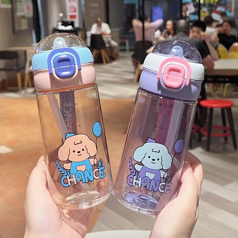 Xinbei nuevo perro de dibujos animados taza de agua de paja de plástico doble taza de agua de beber para estudiantes, niños y niñas tazas de agua