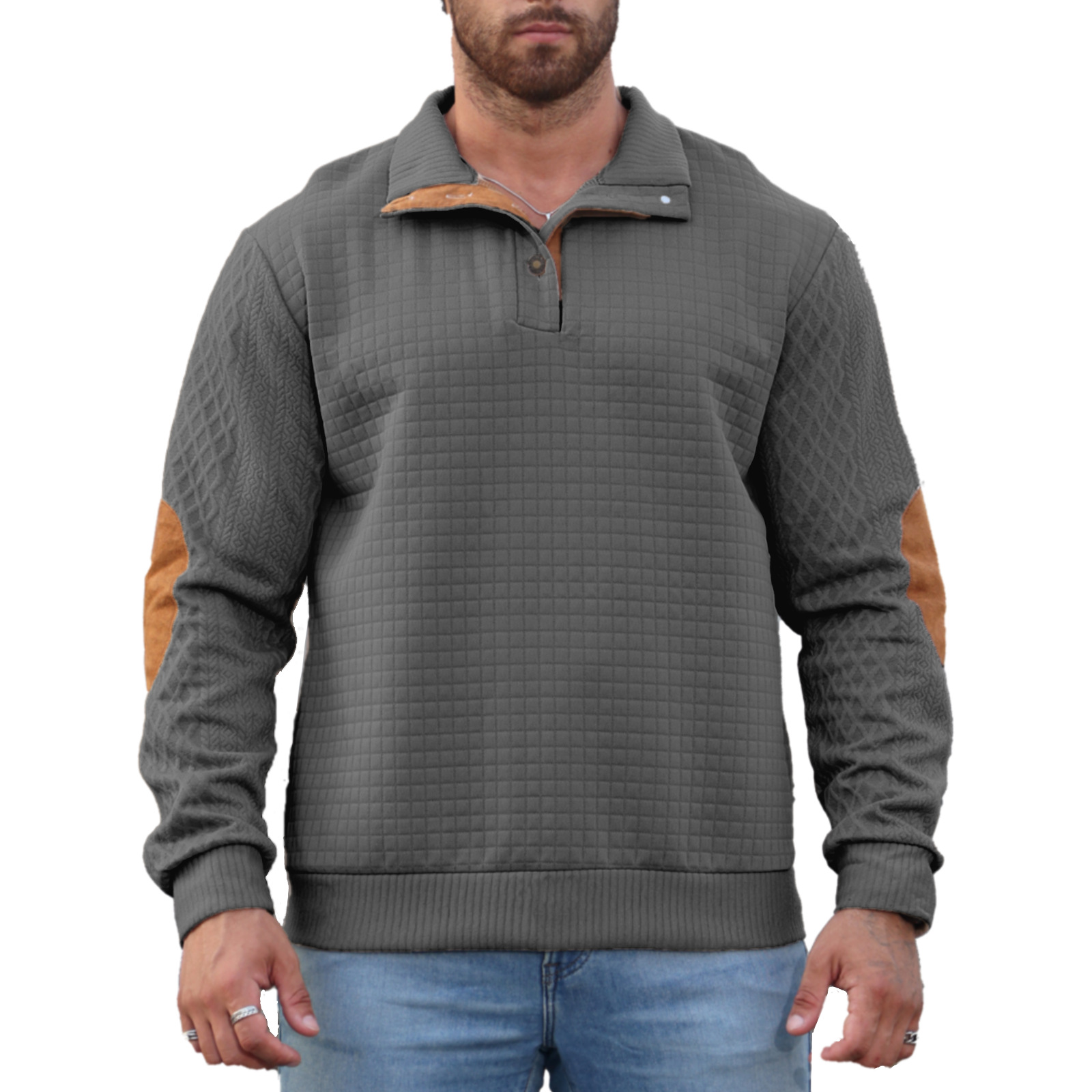 Chaqueta de manga larga con cuello de solapa y estampado a cuadros pequeño, estilo casual de primavera y otoño para hombre, sudadera informal para exteriores.