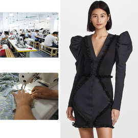 2021年设计师秋冬新款高腰纯色v领黑色气质通勤修身短款女连衣裙