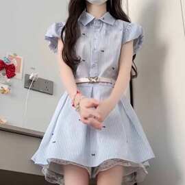 韩系穿搭夏季2026新款小个子蓝色条纹衬衫连衣裙子女气质收腰短裙