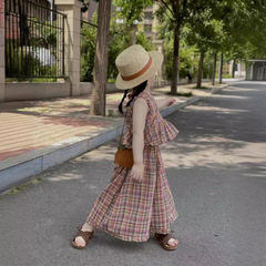 女の子の夏服の甘いカラーの格子のハスの葉はレースのベストの子供のシャツのゆったりしている大きい広腿のズボンのスーツを並べます。