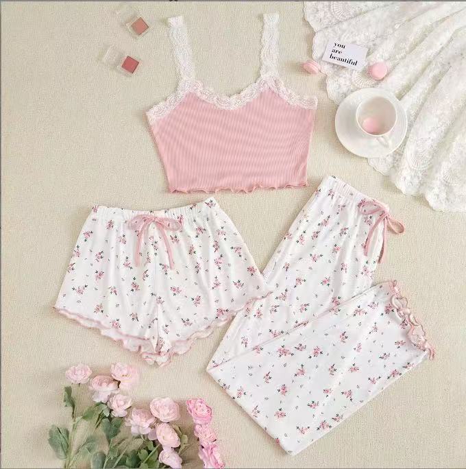 Hot-Selling 2025 Summer New Heart Print Camisole Shorts Pajama Set Sweet Girl Loungewear Girly Style