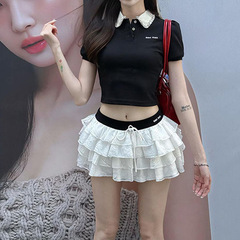 フレンチ娘感iu系セット黒バブル袖半袖tシャツレディース夏ハイウエスト痩せケーキショートスカート