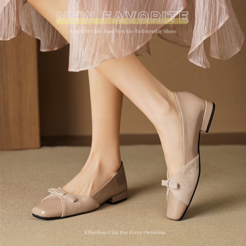 First-Layer Cowhide - Square-Toed Chunky-Heeled Women's With French-Style Bow, Elegant New-Inspired Low-Heeled_vogvips.com