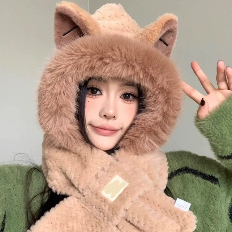 Hat, winter scarf, velvet set with hood, increased thickness