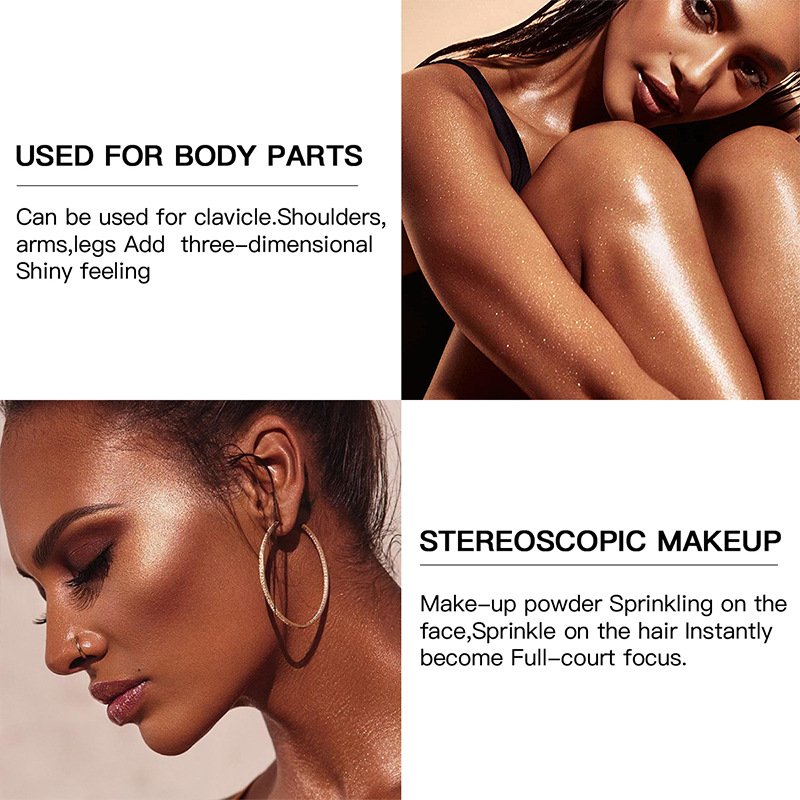 USHAS Europa y los Estados Unidos transfronterizos spot polvo de polvo de alto brillo polvo de brillo estereoscópico natural impermeable cuerpo brillante color de piel UF036