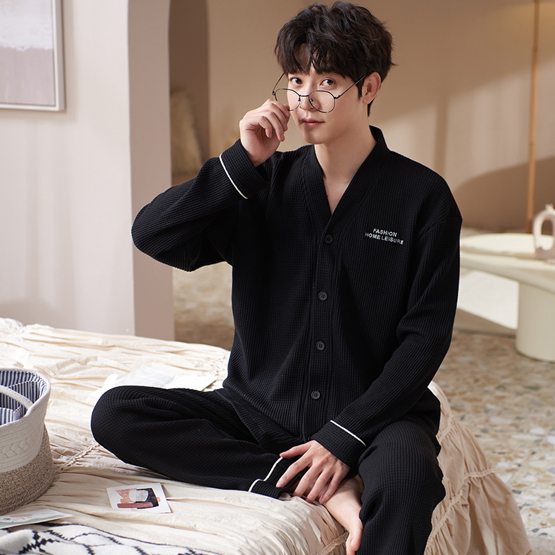 Jiao caimeng pijamas de hombre Verano de algodón primavera y otoño cardigan manga larga 2022 nuevos hombres ropa de hogar simple