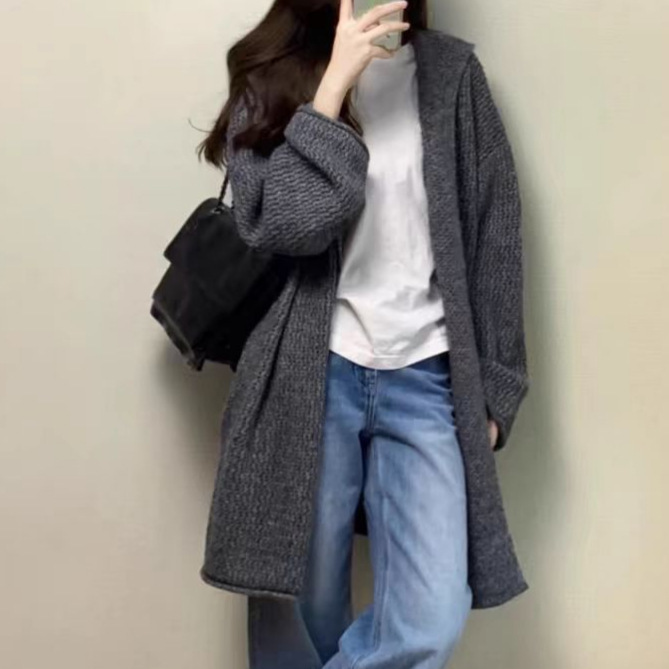 2025秋冬新款灰色中长款毛衣外套女外穿慵懒风设计感针织开衫上衣|undefined