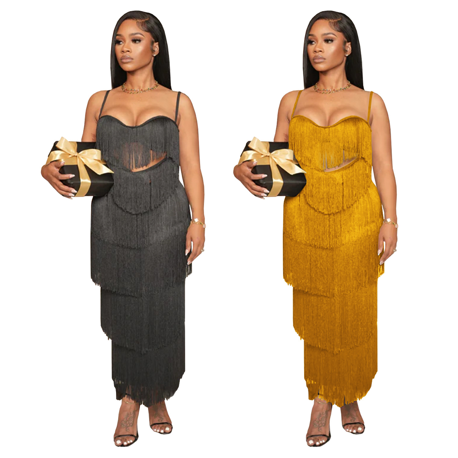 C7431 Cross-border AliExpress Amazon Vestido largo de borla con tirantes sexy para mujer de moda europea y americana