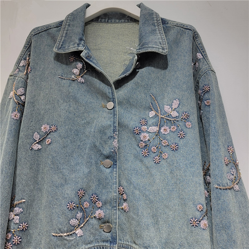 Diseño retro bordado polvo chaqueta denim de sequilla para mujeres 2026 nuevo temperamento chaqueta denim suelta de moda