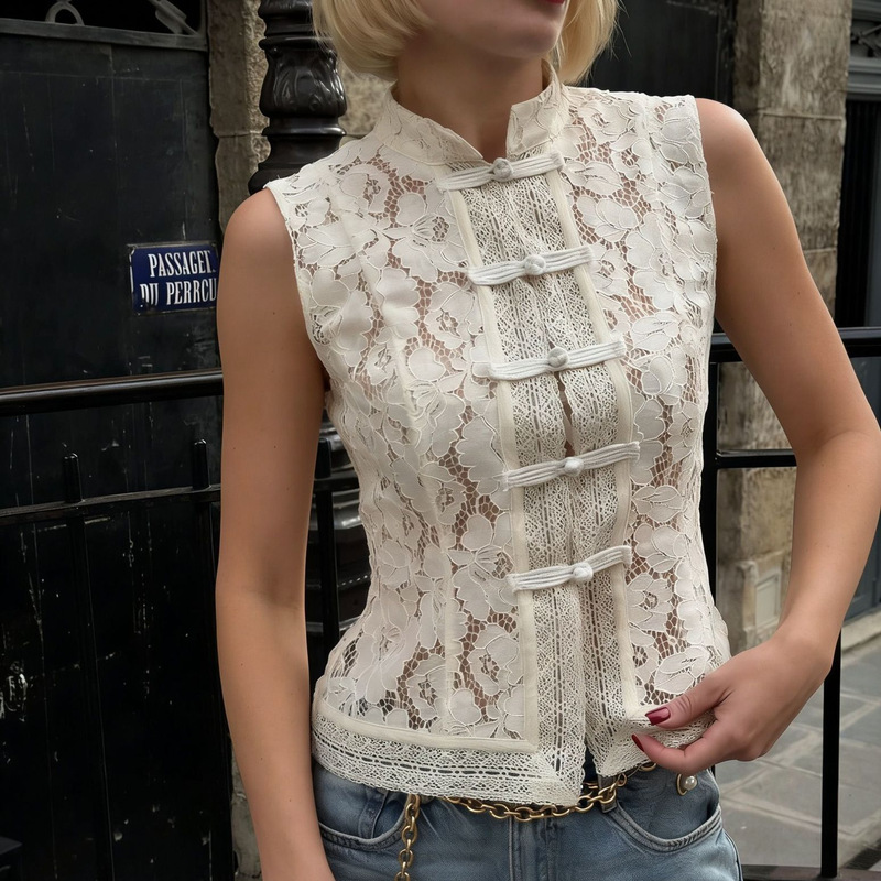 2026 Summer New Style European and American Hot-Selling Fashionable and Elegant Commuter Lace Crochet Stand-Up Collar Slim Sleeveless Shirt for Women