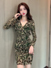 Mesh slim fit V-neck wrapped hip dress