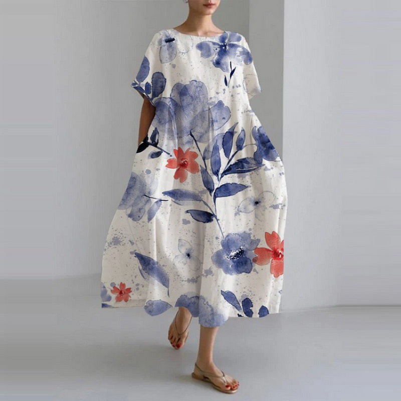 Women's Fashion High-End Round Neck Short Sleeve Printed Dress Loose Fit European American Style_ecoleips.com