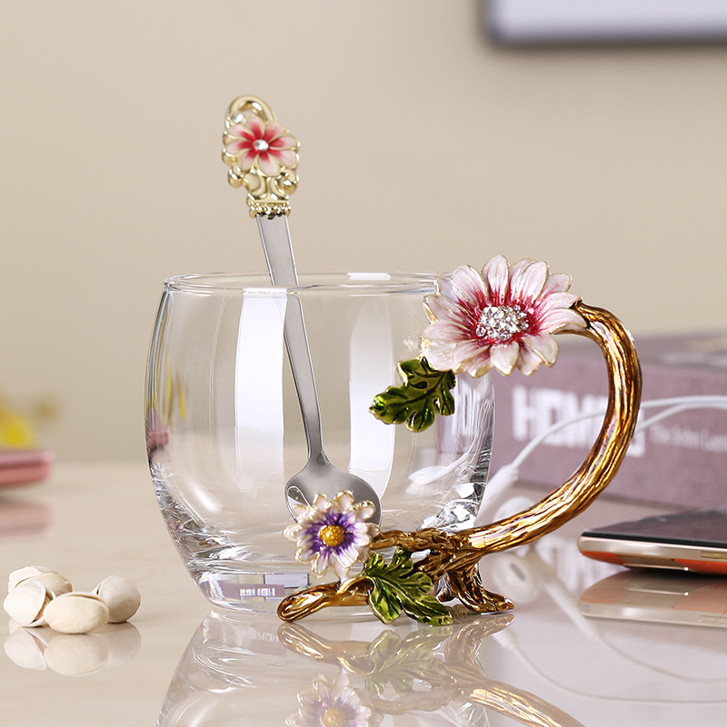 París marzo esmalte taza de agua de cristal resistente a altas temperaturas taza de té de flores para regalar a la novia maestros regalo de té