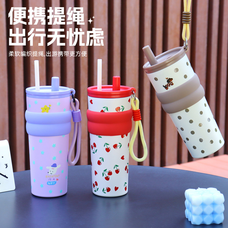 高颜值316不锈钢吸管杯保温杯大容量便携带提绳咖啡汽车杯冰霸杯|undefined