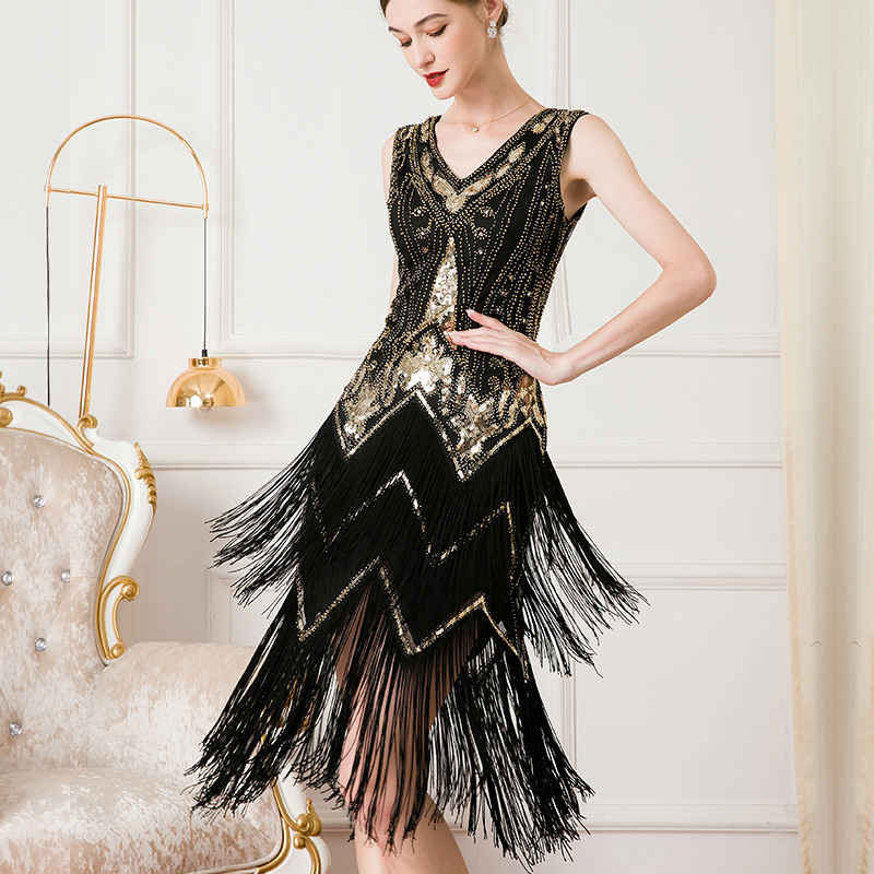 European and American Retro 1920V Collar Double Tassel Dress Gatsby Cocktail Ball Sequin Beaded Dress