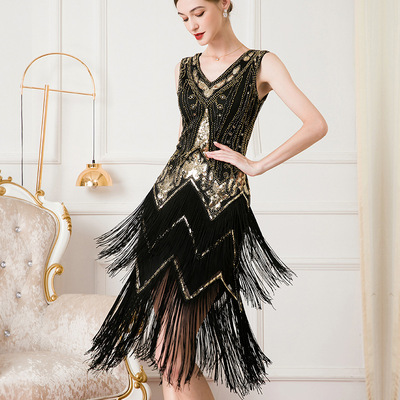 Women girls gold black sequins jazz dance dress flapper skirts restore ancient ways 1920s tassel dress evening cocktail party dress