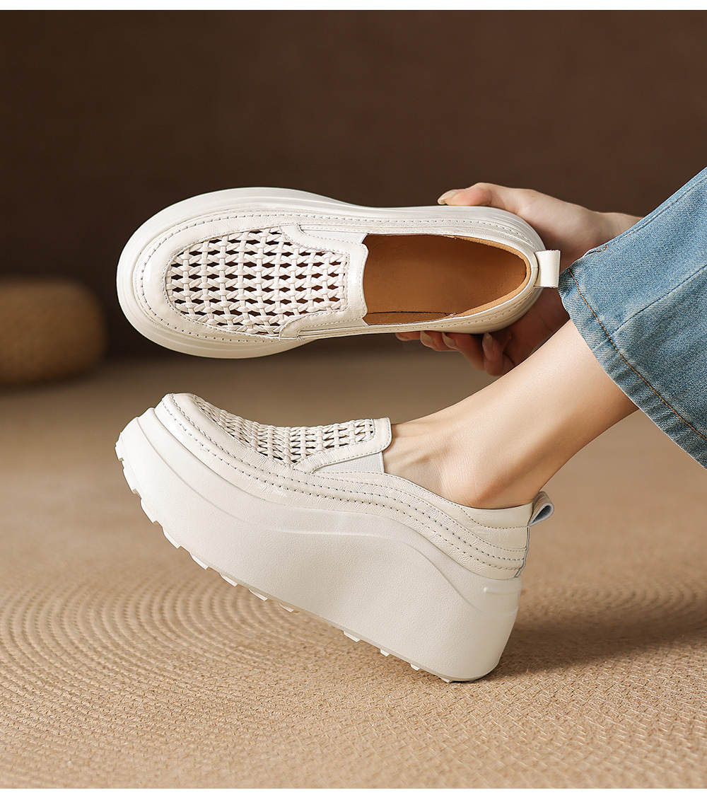 Giày sandal cao gót nữ hở mũi đế dày da thật mũi tròn phong cách lười — màu đen, màu trắng ngà chi tiết 17