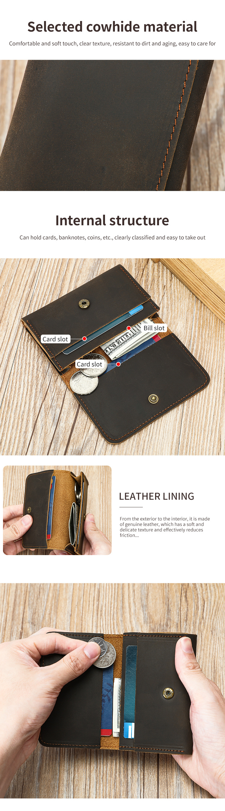 Ví da nam gập mini siêu mỏng phong cách retro, đựng thẻ và tiền xu du lịch — Màu nâu sẫm, màu nâu chi tiết 5