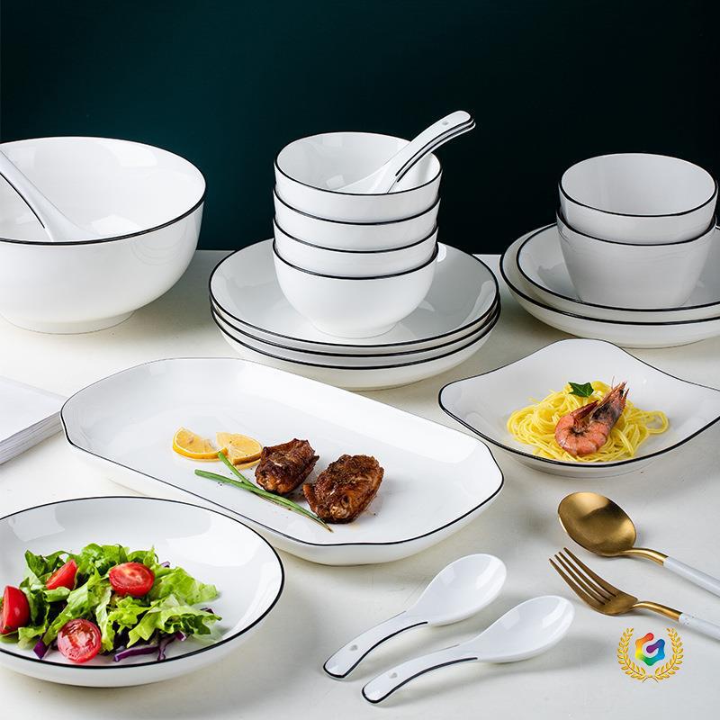Simple Household Ceramic Tableware with Underglaze Color, Black Line Design, Including Bowls, Plates, Rice Bowls, Soup Bowls, Soup Spoons, and a Set for Wholesale