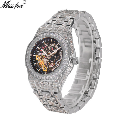 MISSFOX watch European and American hip-hop high-end full square diamond full diamond luminous hollow mechanical watch men's watch