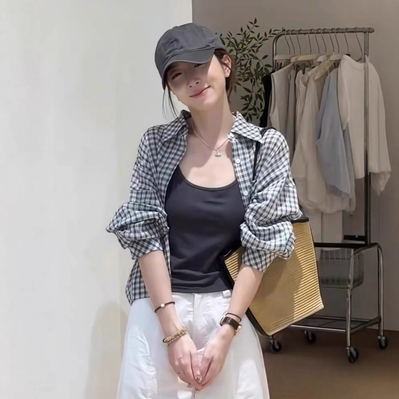 韩系休闲时尚短款衬衫背心两件套女2025夏季新款格子长袖薄款套装|undefined