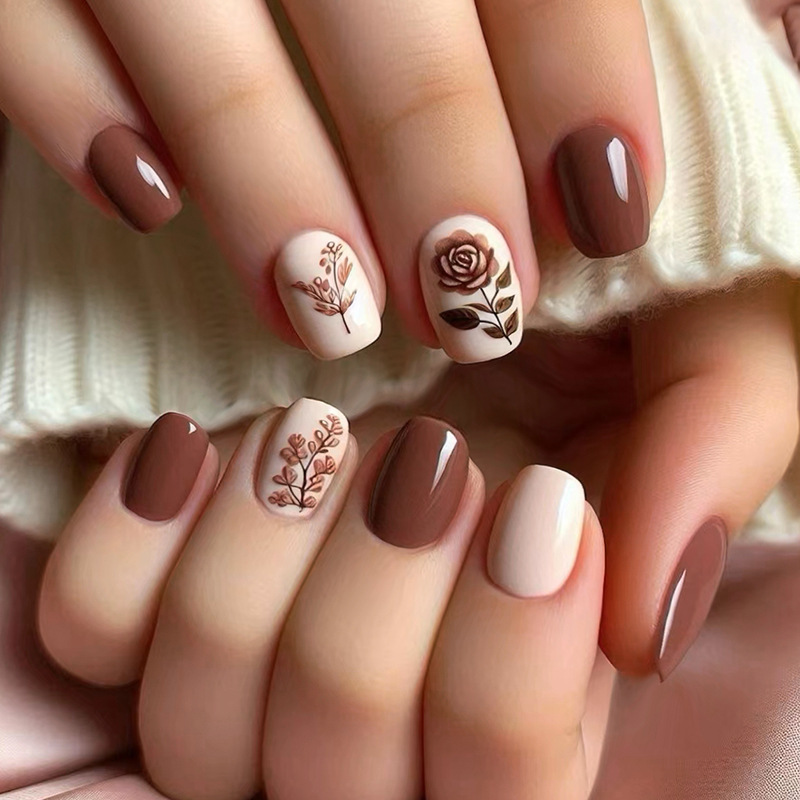 Foreign trade nail piece solid color line wearing nail removable nail piece simple rose false nail short nail 24 pieces