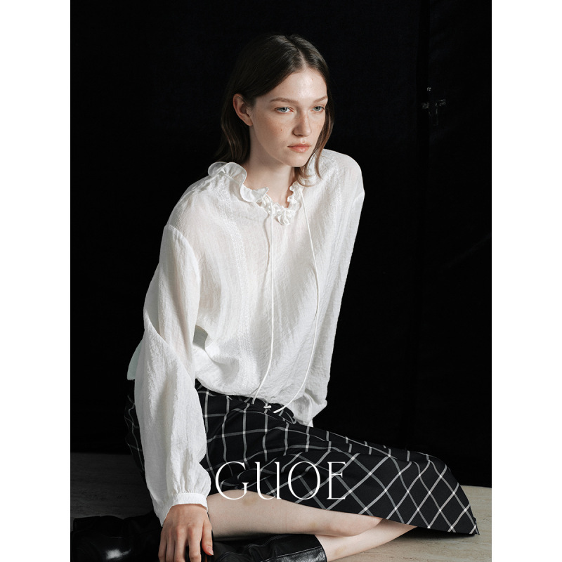 Guoe/26 Autumn Fashionable Relaxed Slightly Wrinkled Textured Hem Waist-Cinching Vintage Irregular Lace Collar White Shirt for Women