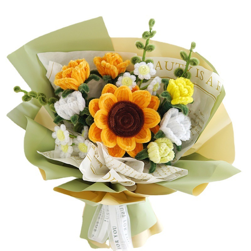ひまわりの花束をねじって手作りします。|undefined