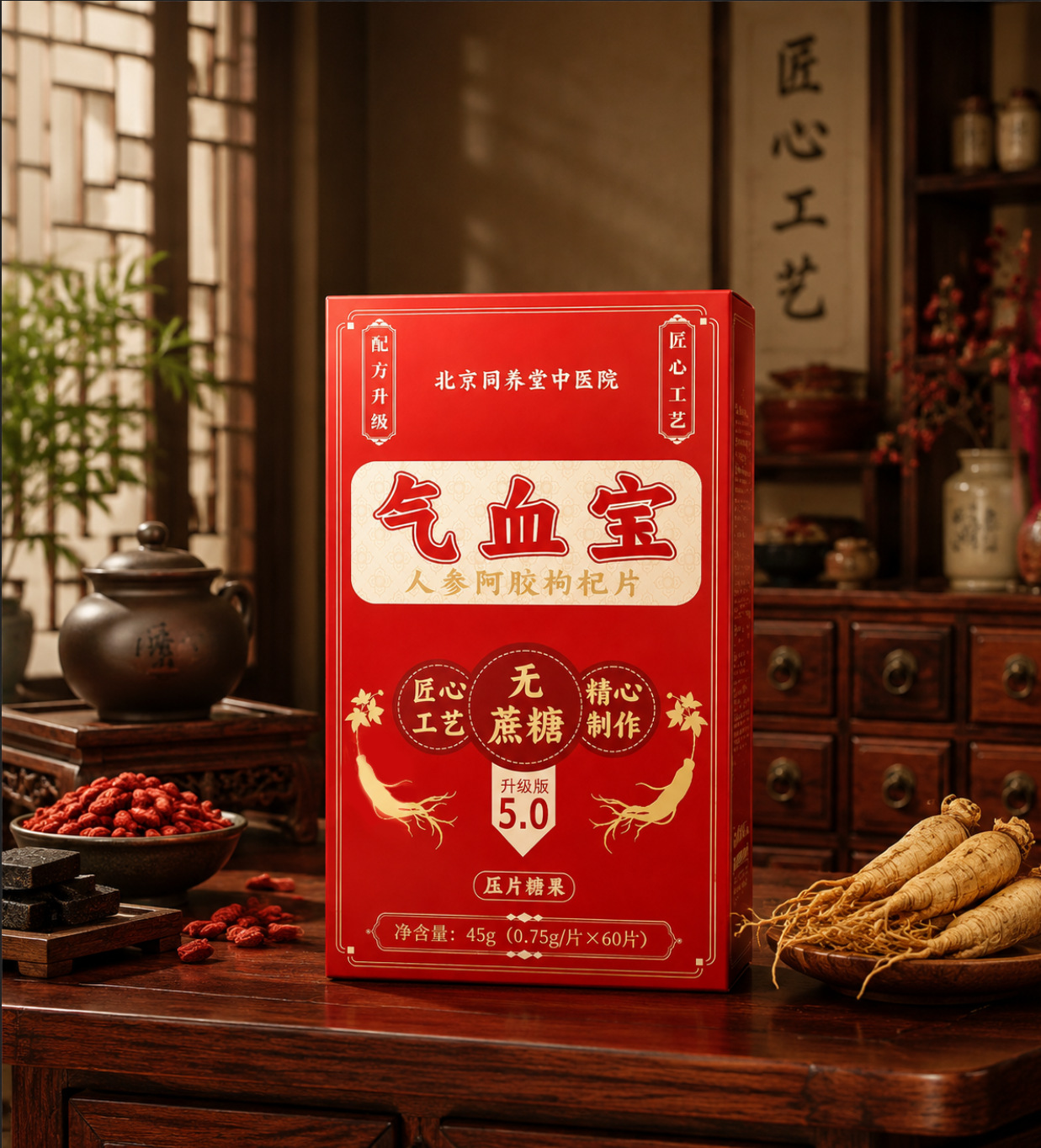 Qi Xue Bao Herbal Tablets 60 Tablets Ginseng Ejiao Goji Chewable Supplement key features