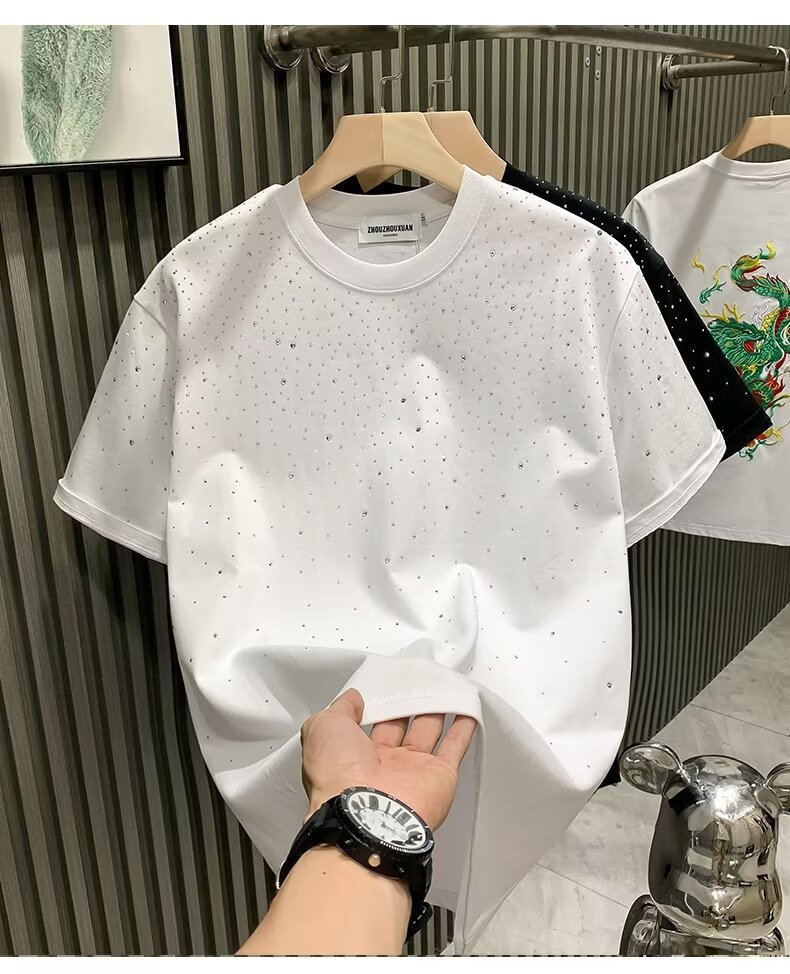 Men's Trendy Starry Sky T-Shirt With Rhinestones Loose Fit Short Sleeved Top For Mature Style_viptrois.com