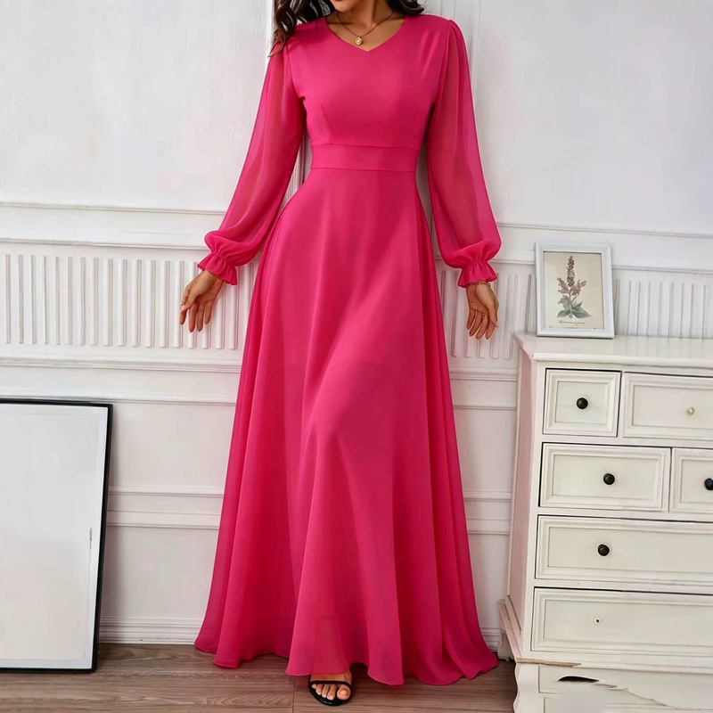 Cross-border women's solid-color chiffon evening dress, V-neck, high-waisted, lantern sleeves, flowing long skirt, suitable for weddings and bridesmaids Cross-border women's solid-color chiffon evening dress, V-neck, high-waisted, lantern sleeves, flowing long skirt, suitable for weddings and bridesmaids